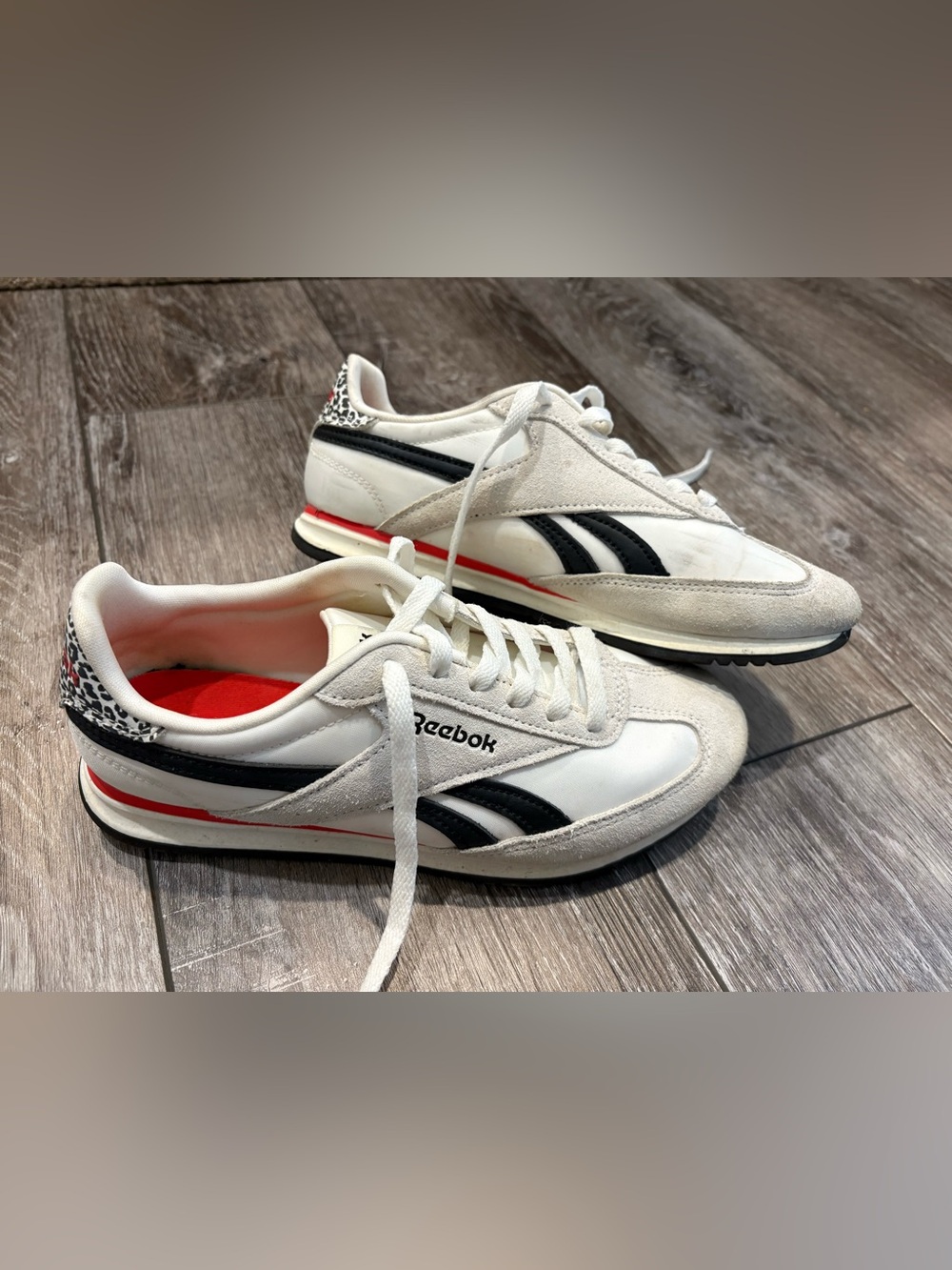Reebok Ortholite Retro Runners- White, Black, Red, Animal Print- Size 7.5